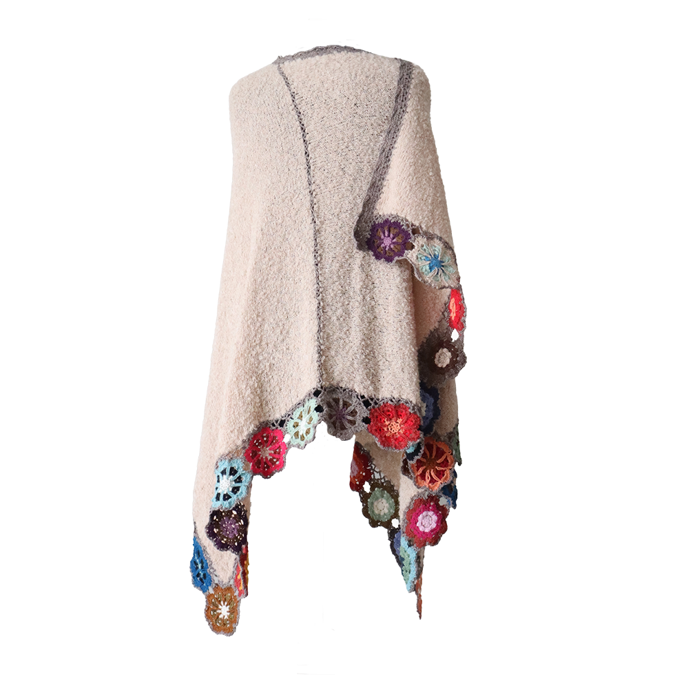 Women's wrap - ruana, alpaca boucle, color taupe with crocheted colorful flower edge, hand knitted. Made in Peru by PFL knitwear Women's wrap - ruana, alpaca boucle, color taupe with crocheted colorful flower edge, hand knitted. Made in Peru by PFL knitwear