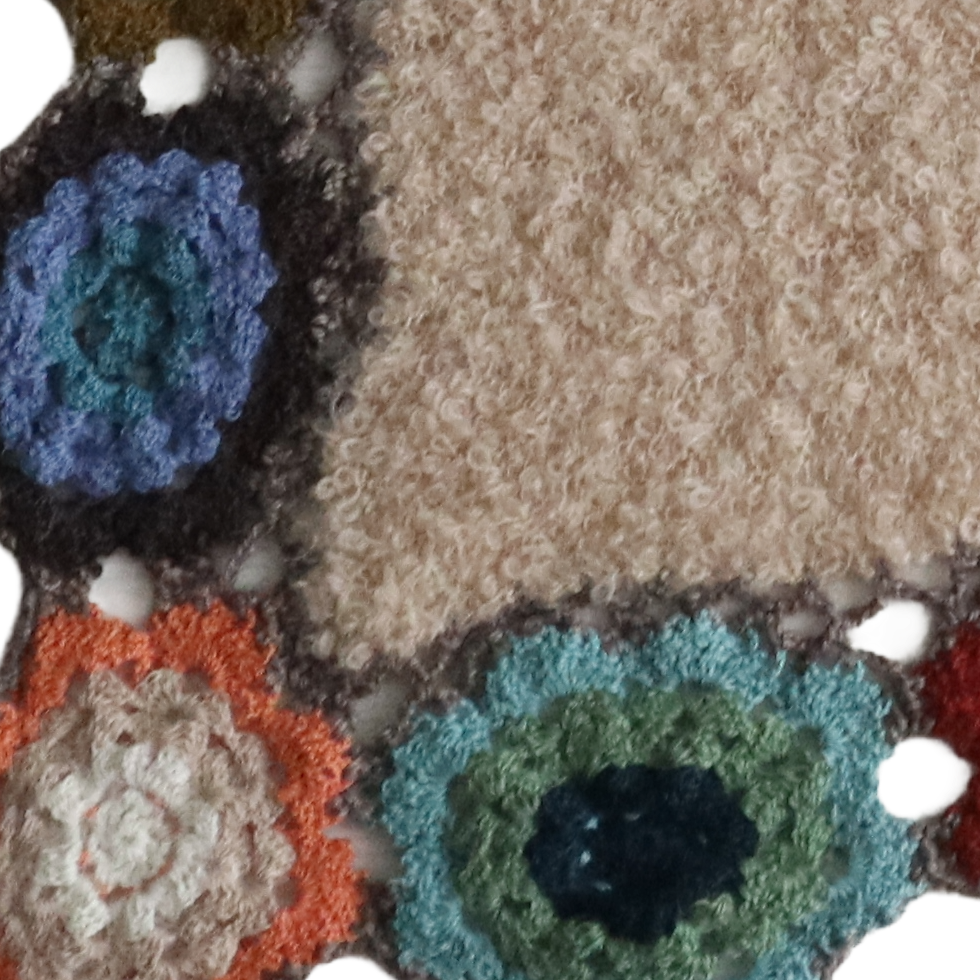 Women's wrap - ruana, alpaca boucle, color taupe with crocheted colorful flower edge, hand knitted. Made in Peru by PFL knitwear Women's wrap - ruana, alpaca boucle, color taupe with crocheted colorful flower edge, hand knitted. Made in Peru by PFL knitwear