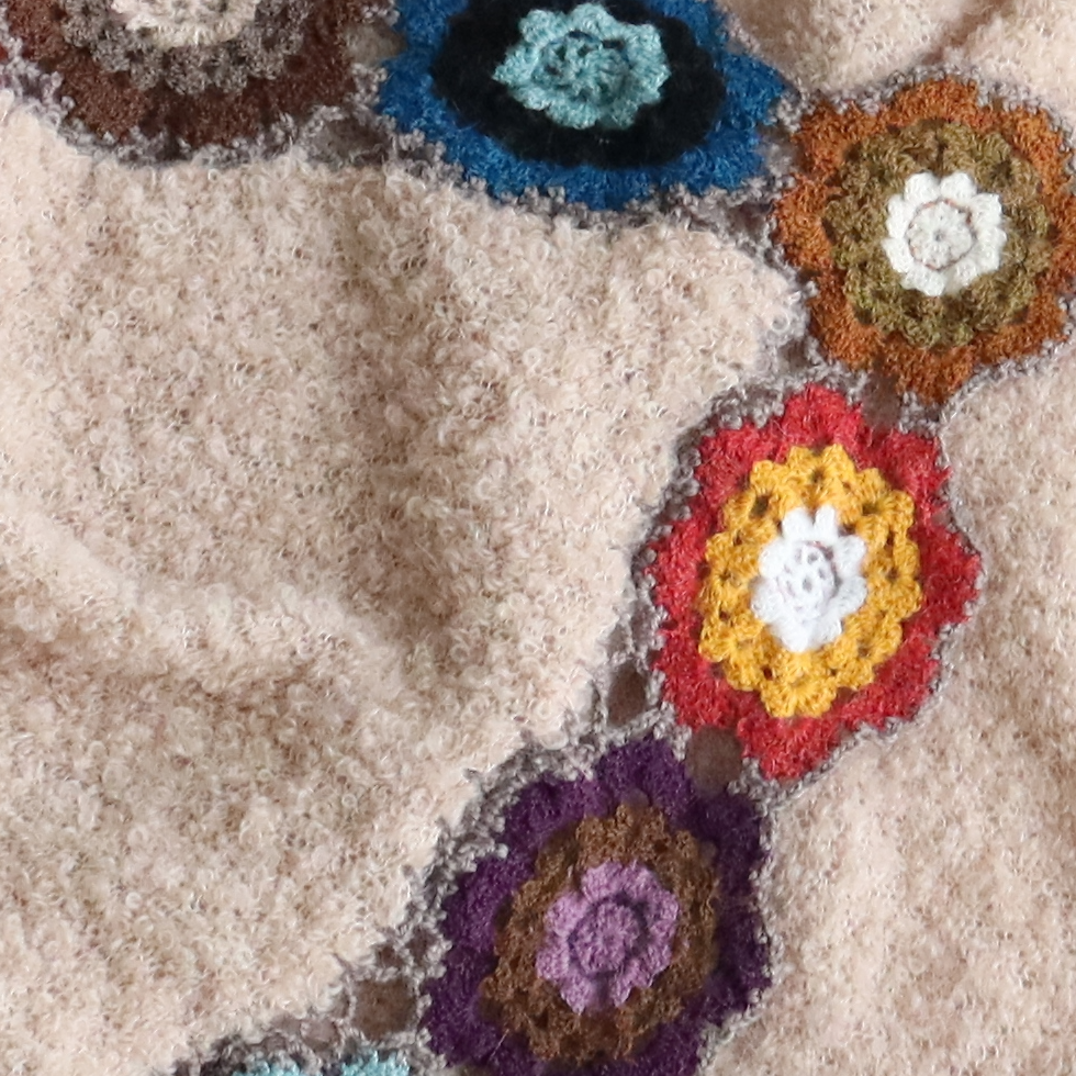 Women's wrap - ruana, alpaca boucle, color taupe with crocheted colorful flower edge, hand knitted. Made in Peru by PFL knitwear Women's wrap - ruana, alpaca boucle, color taupe with crocheted colorful flower edge, hand knitted. Made in Peru by PFL knitwear