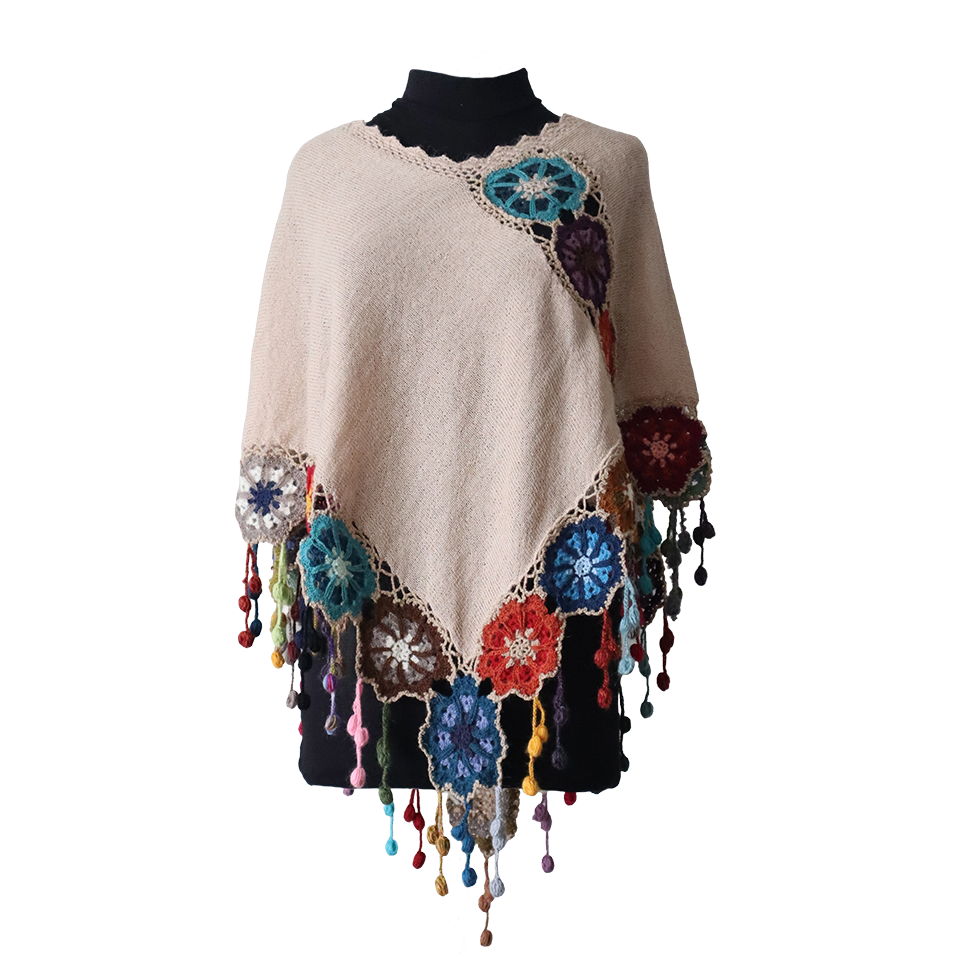 Women's poncho - cape, alpaca color taupe with crocheted colorful flower edge, hand knitted. Made in Peru by PFL knitwear Women's poncho - cape, alpaca color taupe with crocheted colorful flower edge, hand knitted. Made in Peru by PFL knitwear