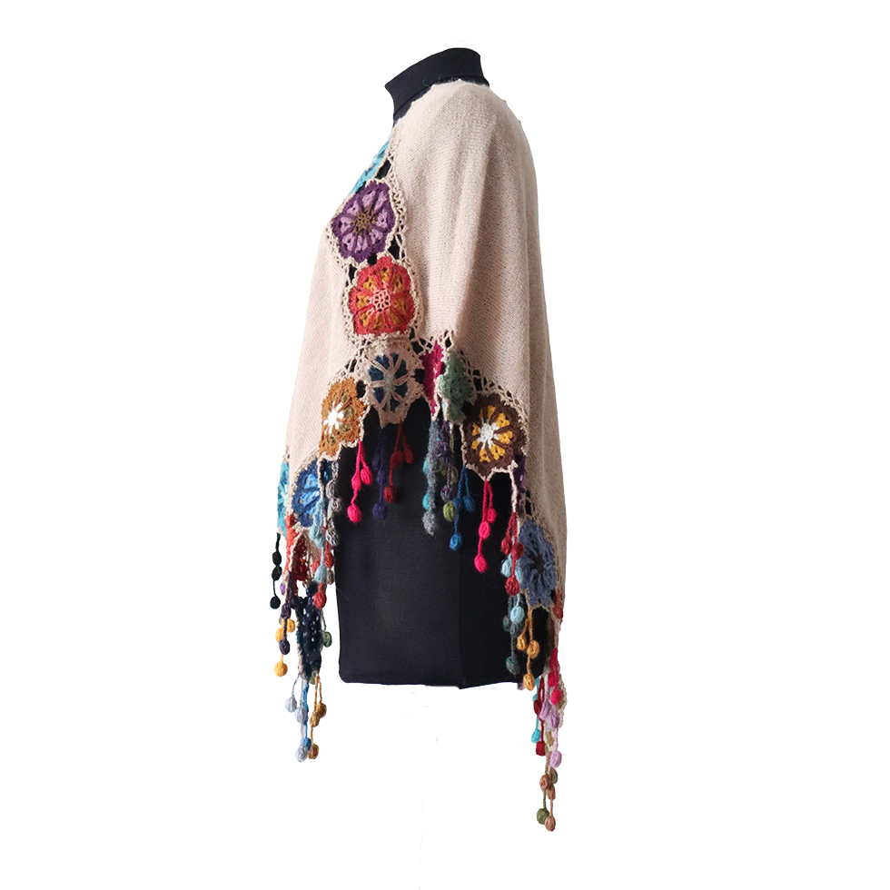 Women's poncho - cape, alpaca color taupe with crocheted colorful flower edge, hand knitted. Made in Peru by PFL knitwear Women's poncho - cape, alpaca color taupe with crocheted colorful flower edge, hand knitted. Made in Peru by PFL knitwear