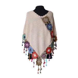 Women's poncho - cape, alpaca color taupe with crocheted colorful flower edge, hand knitted. Made in Peru by PFL knitwear