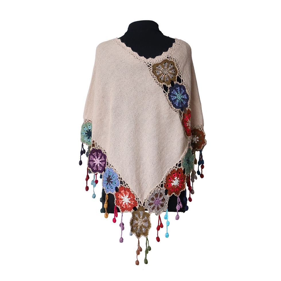 Women's poncho - cape, alpaca color taupe with crocheted colorful flower edge, hand knitted. Made in Peru by PFL knitwear Women's poncho - cape, alpaca color taupe with crocheted colorful flower edge, hand knitted. Made in Peru by PFL knitwear