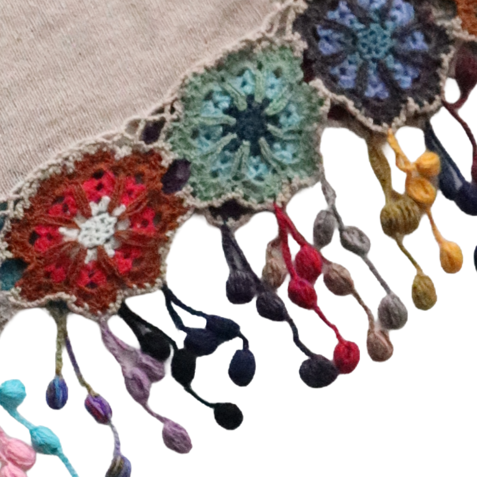 Women's poncho - cape, alpaca color taupe with crocheted colorful flower edge, hand knitted. Made in Peru by PFL knitwear Women's poncho - cape, alpaca color taupe with crocheted colorful flower edge, hand knitted. Made in Peru by PFL knitwear