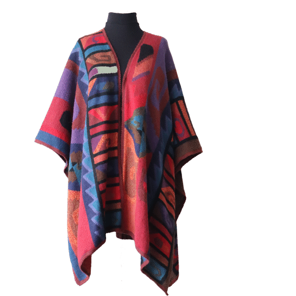 Alpaca Ruana Wrap with Colorful Intarsia Pattern | Handmade Peruvian Winter wrap | Luxurious Alpaca, Warm and Elegant Made in Peru by PFL knitwear