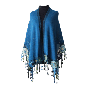 Women's shawl, 100% alpaca color blue with crocheted matching flower edge, hand knitted. Made in Peru by PFL knitwear