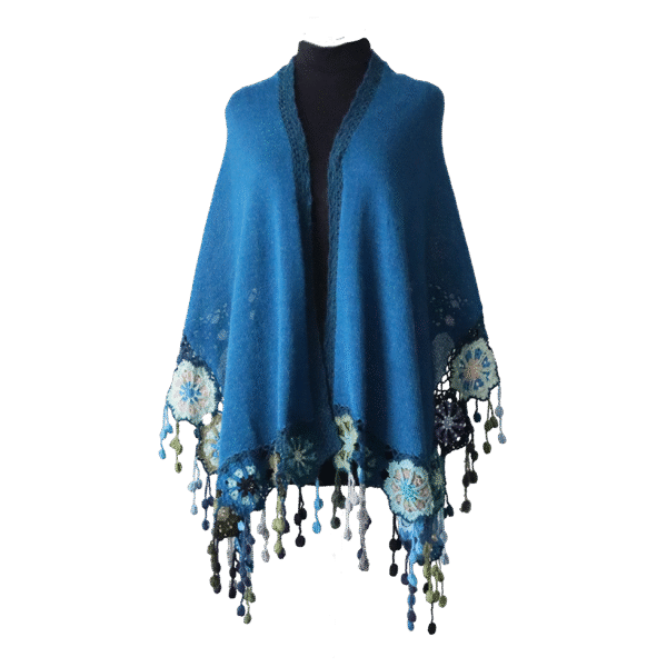 Women's shawl, 100% alpaca color blue with crocheted matching flower edge, hand knitted. Made in Peru by PFL knitwear