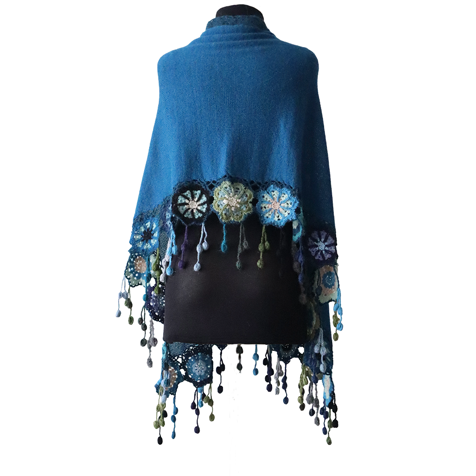 Women's shawl, 100% alpaca color blue with crocheted matching flower edge, hand knitted. Made in Peru by PFL knitwear