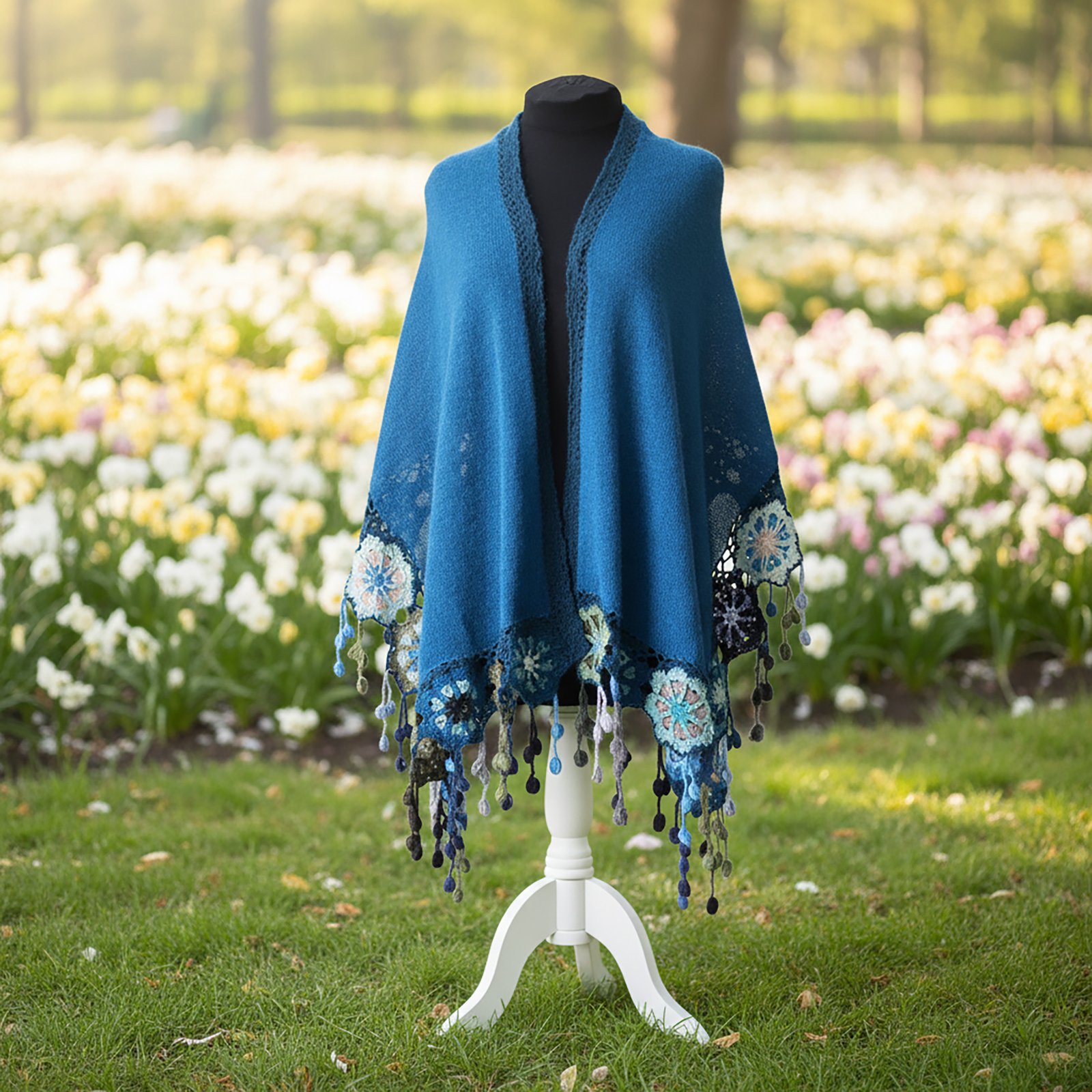 Women's shawl, 100% alpaca color blue with crocheted matching flower edge, hand knitted made in Peru By PFL Knitwear