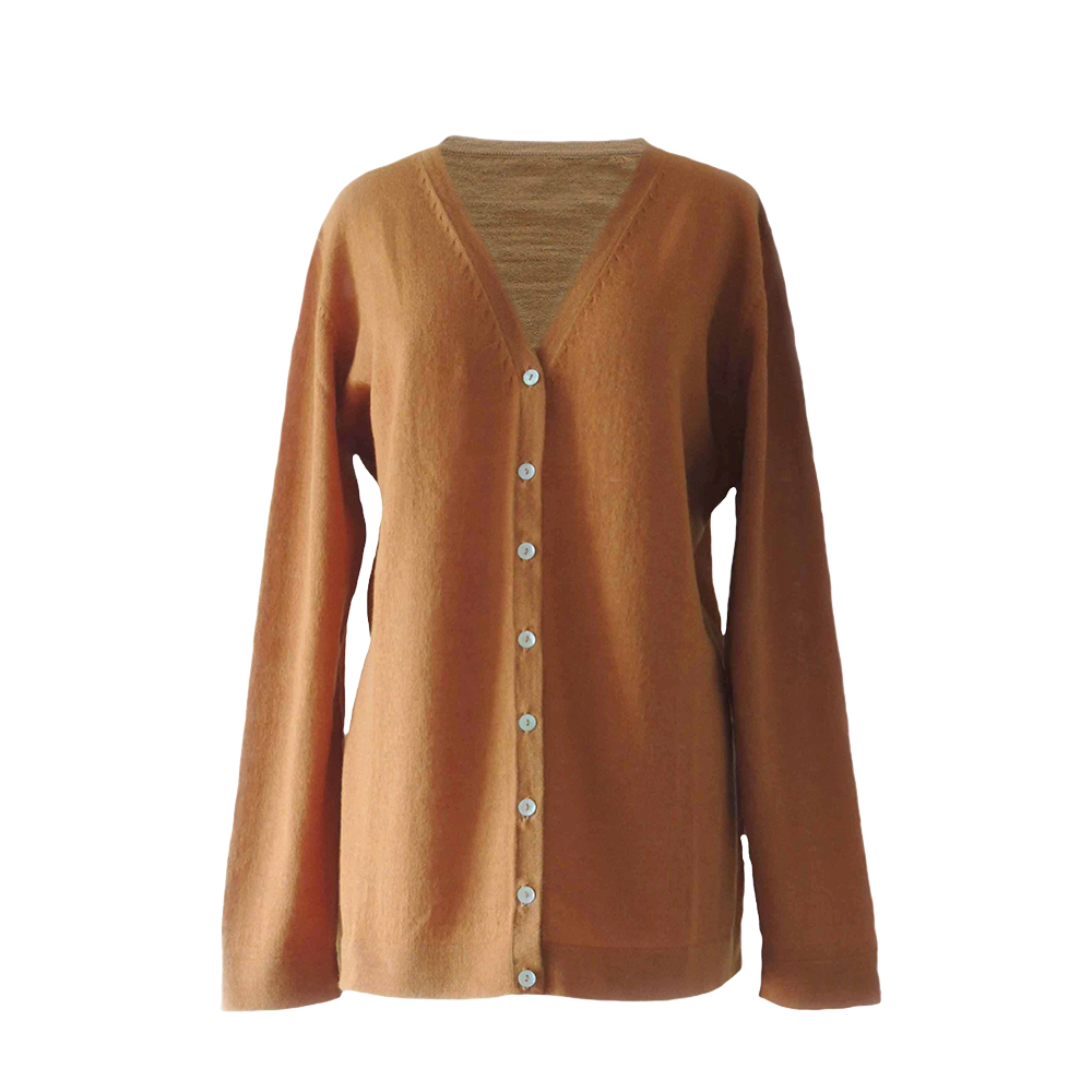 Women's cardigan baby alpaca 100%, V-neck cardigan with button closure, color sandstone orange made in Peru by PFL knitwear