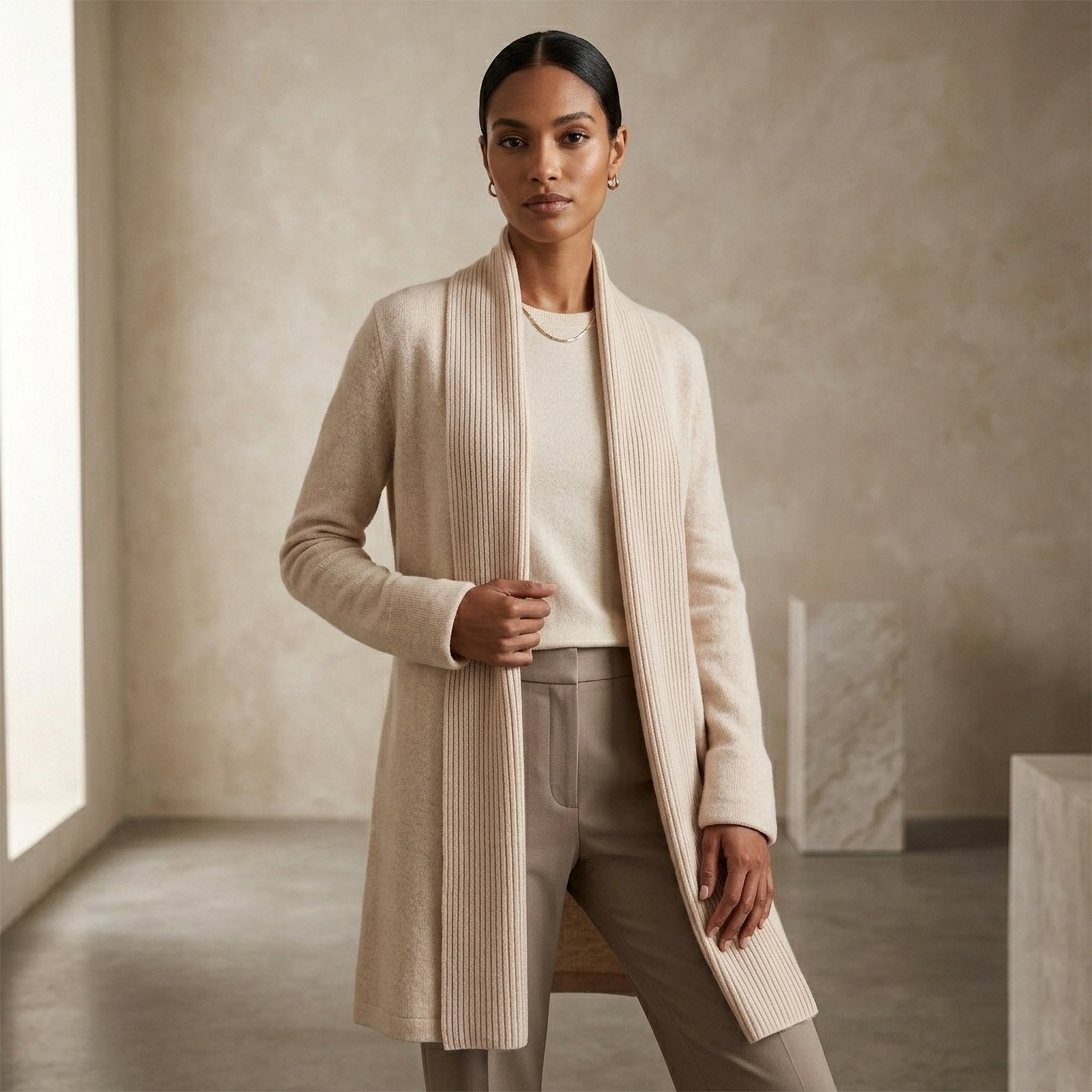 Shawl collar cardigan Baby Alpaca 100%, fine knitted lightweight, color beige Made in Peru by PFL knitwear