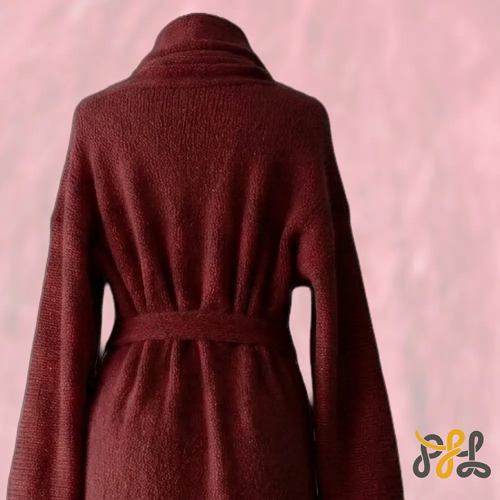 Cardigan Coat Suri Alpaca Oversized Shawl Collar Hand Knitted color scarlet red. Made in Peru by PFL knitwear Cardigan Coat Suri Alpaca Oversized Shawl Collar Hand Knitted color scarlet red. Made in Peru by PFL knitwear