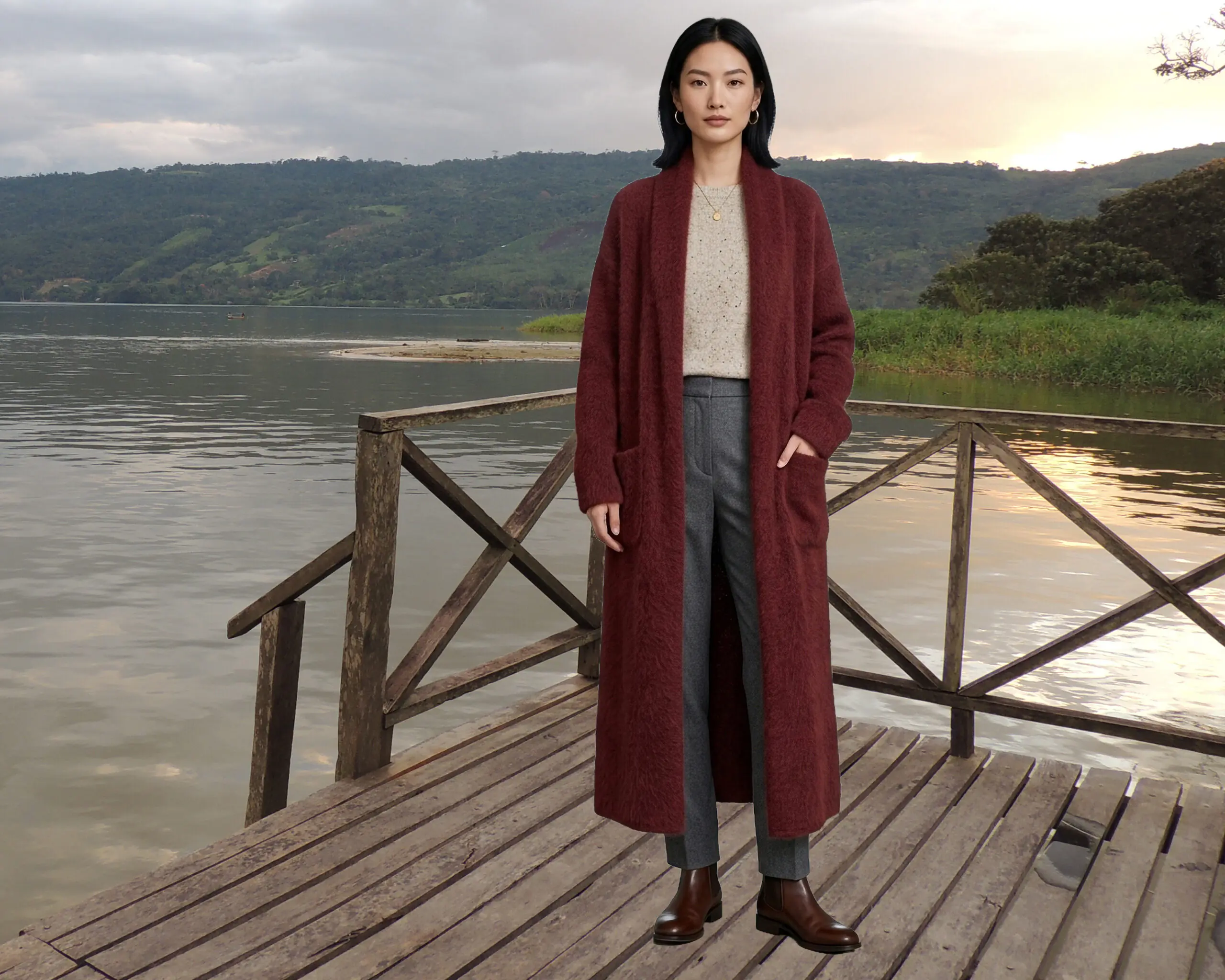 Cardigan Coat Suri Alpaca Oversized Shawl Collar Hand Knitted color scarlet red. Made in Peru by PFL knitwear Cardigan Coat Suri Alpaca Oversized Shawl Collar Hand Knitted color scarlet red. Made in Peru by PFL knitwear