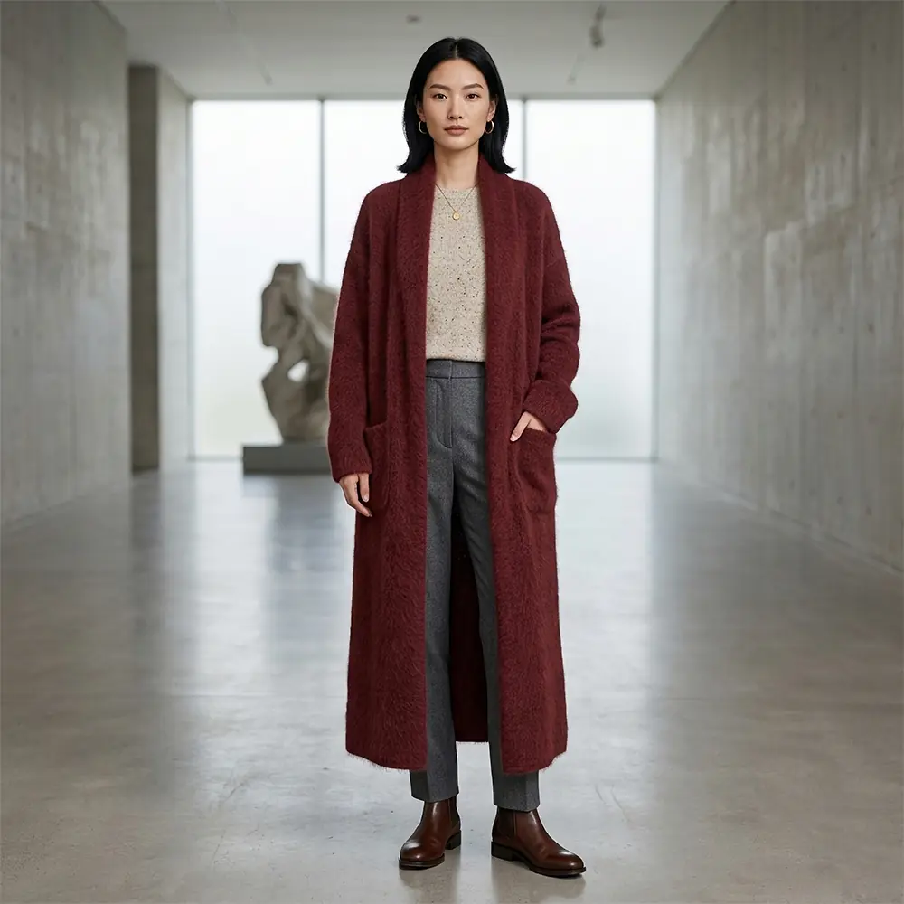 Cardigan Coat Suri Alpaca Oversized Shawl Collar Hand Knitted color scarlet red. Made in Peru by PFL knitwear