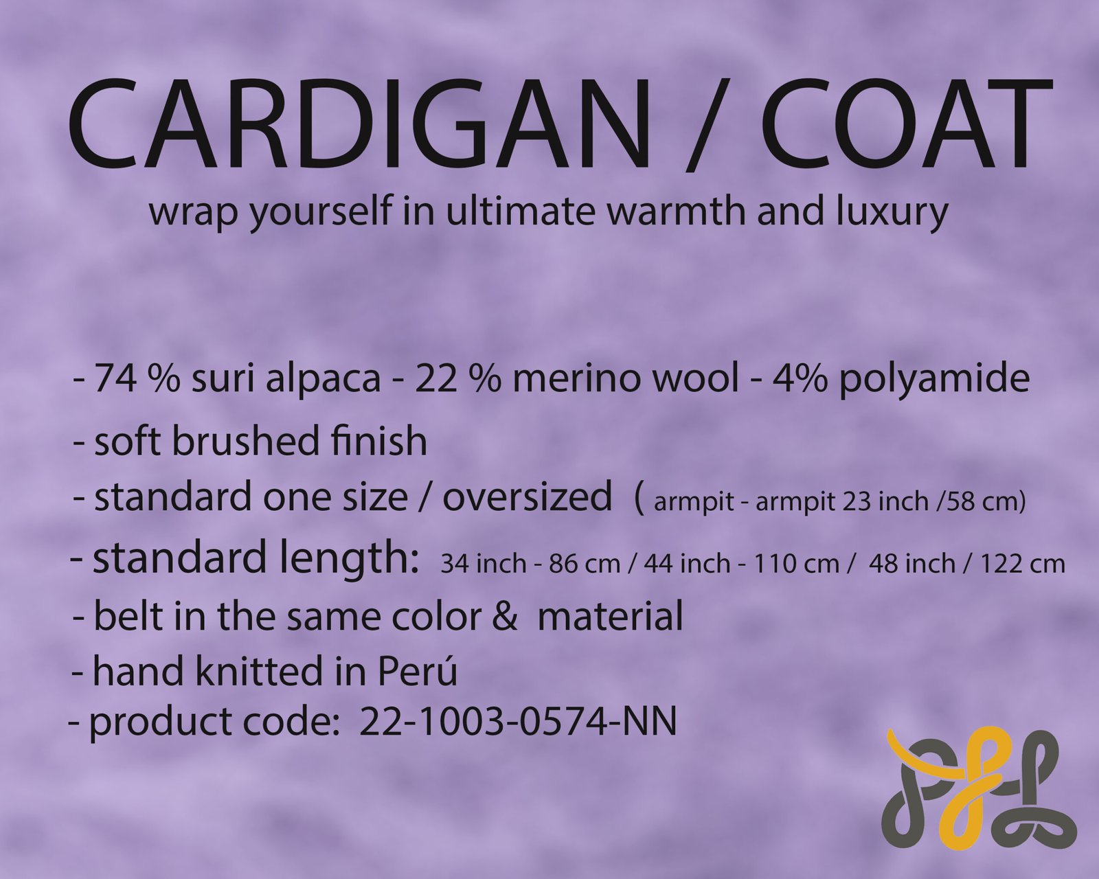 Cardigan Coat Suri Alpaca Oversized Shawl Collar Hand Knitted color Lilac. Made in Peru by PFL knitwear