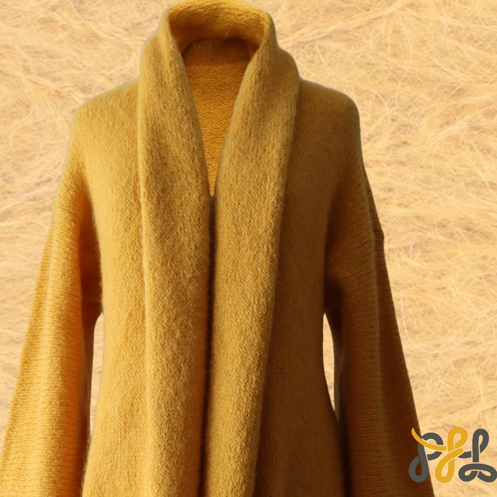 Cardigan Coat Suri Alpaca Oversized Shawl Collar Hand Knitted color Yellow. Made in Peru by PFL knitwear
