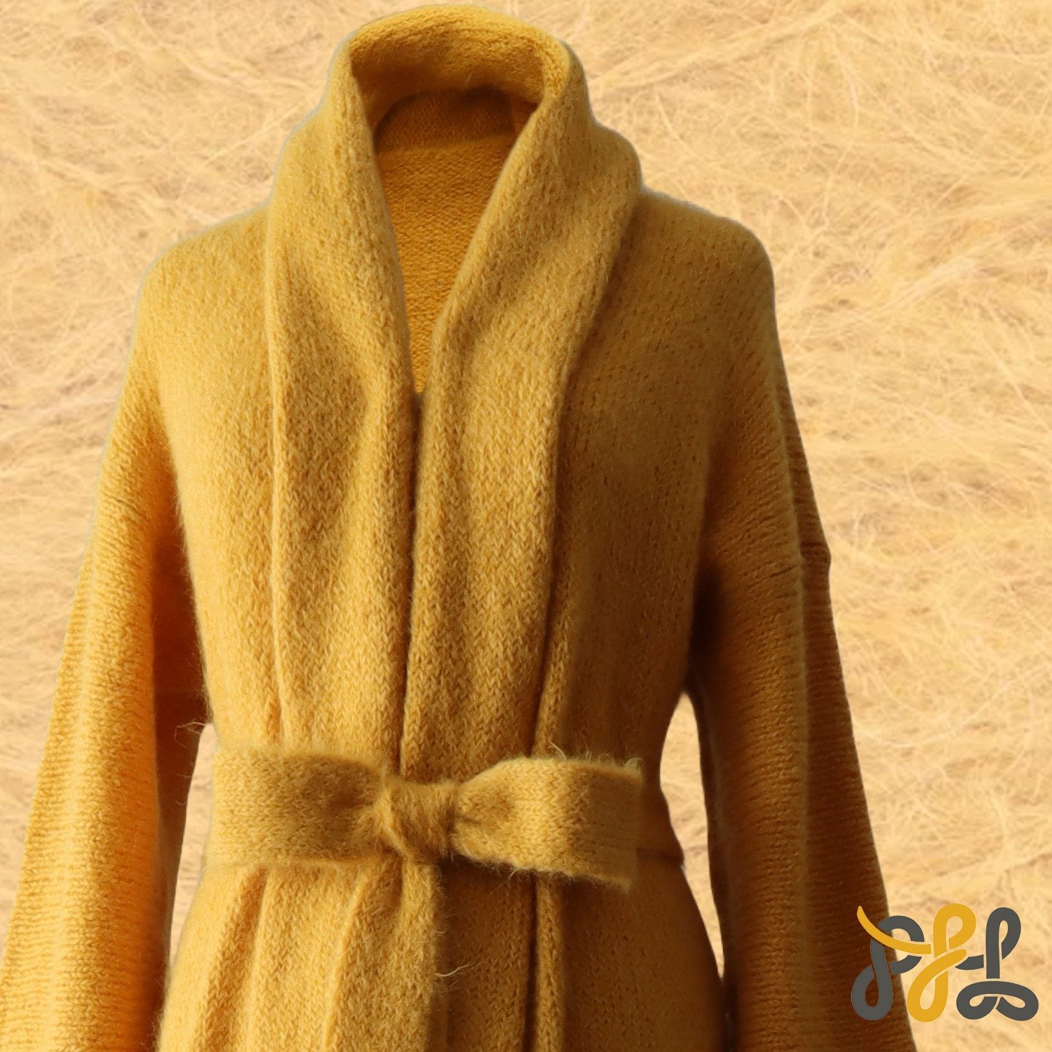 Cardigan Coat Suri Alpaca Oversized Shawl Collar Hand Knitted color Yellow. Made in Peru by PFL knitwear