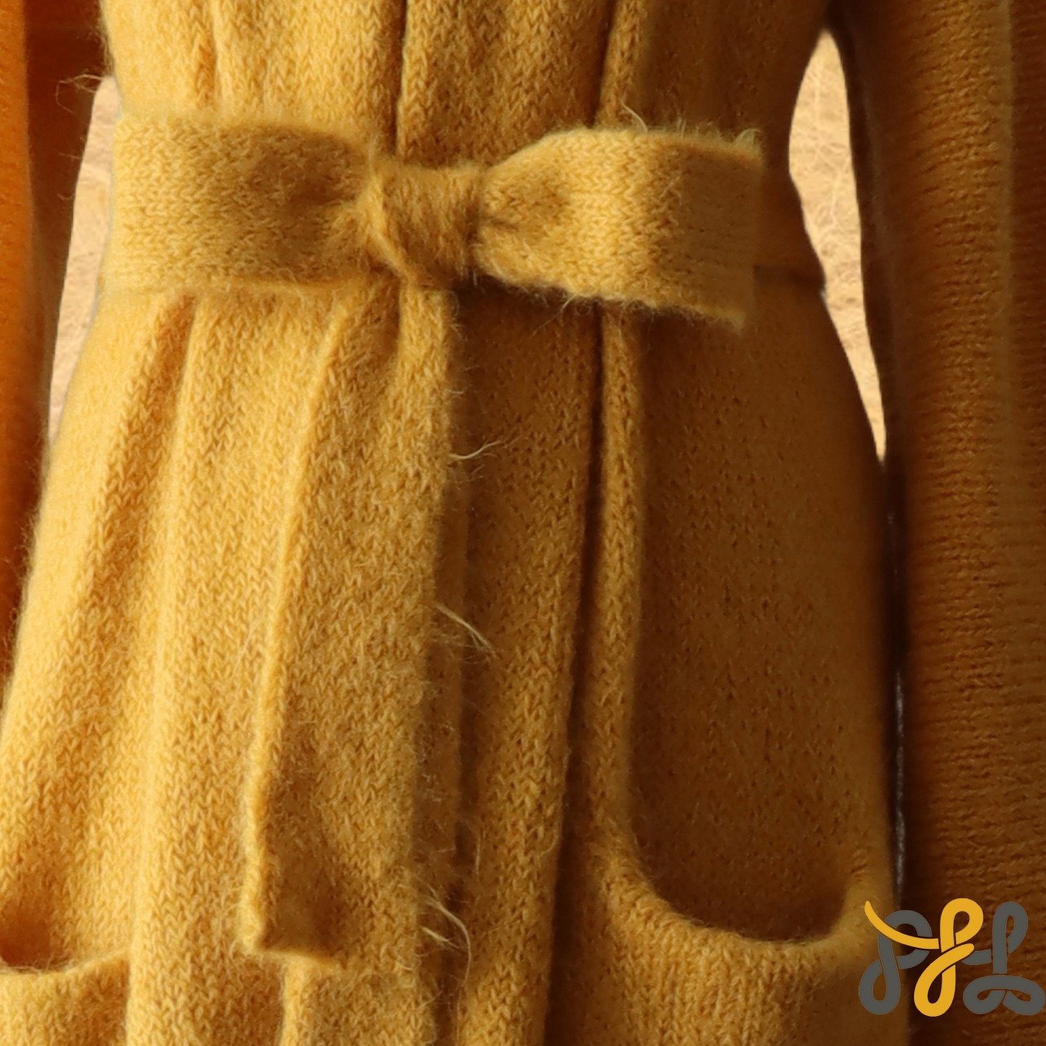 Cardigan Coat Suri Alpaca Oversized Shawl Collar Hand Knitted color Yellow. Made in Peru by PFL knitwear