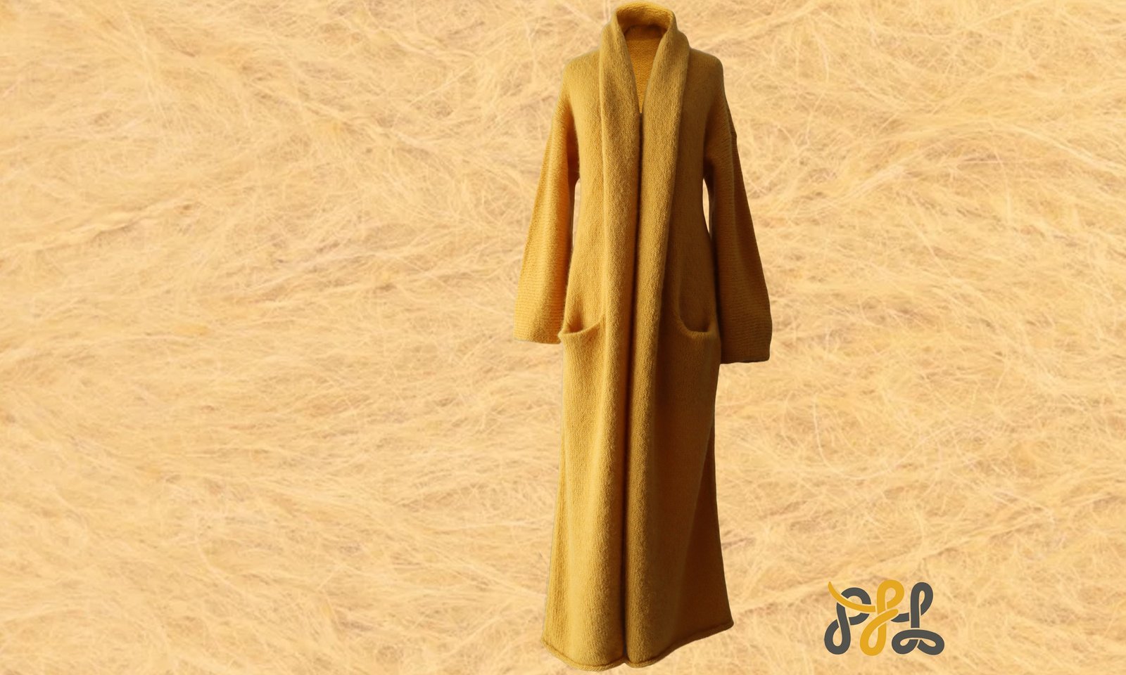 Cardigan Coat Suri Alpaca Oversized Shawl Collar Hand Knitted color Yellow. Made in Peru by PFL knitwear