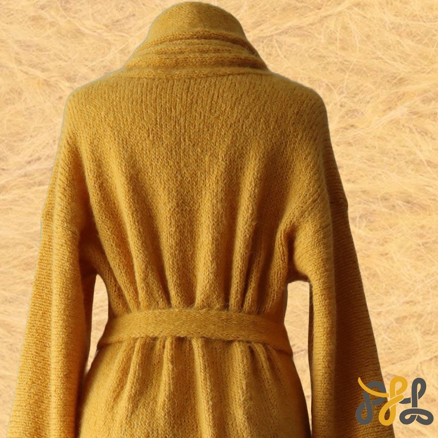 Cardigan Coat Suri Alpaca Oversized Shawl Collar Hand Knitted color Yellow. Made in Peru by PFL knitwear