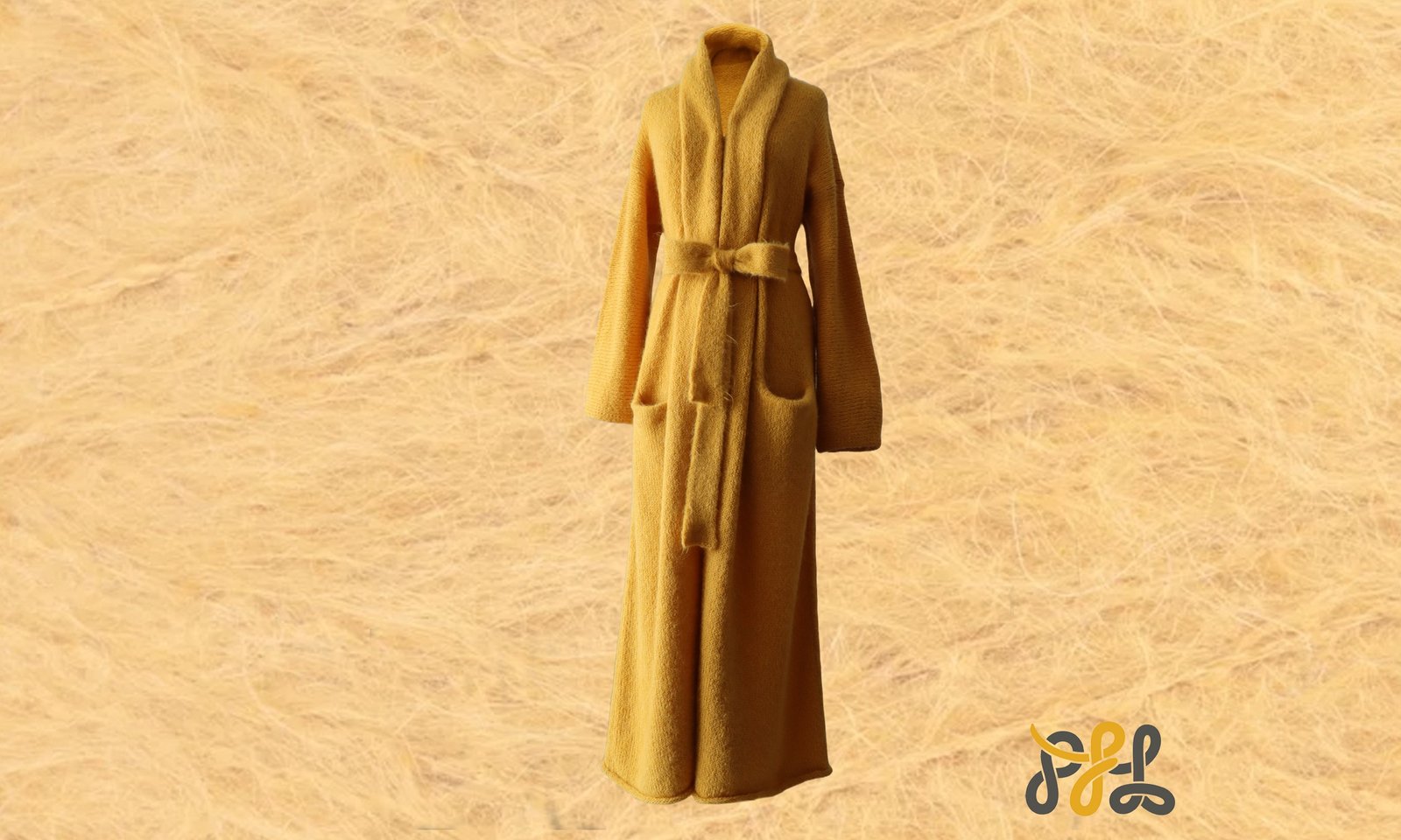 Cardigan Coat Suri Alpaca Oversized Shawl Collar Hand Knitted color Yellow. Made in Peru by PFL knitwear