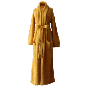 Cardigan Coat Suri Alpaca Oversized Shawl Collar Hand Knitted color Yellow. Made in Peru by PFL knitwear