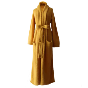 Cardigan Coat Suri Alpaca Oversized Shawl Collar Hand Knitted color Yellow. Made in Peru by PFL knitwear