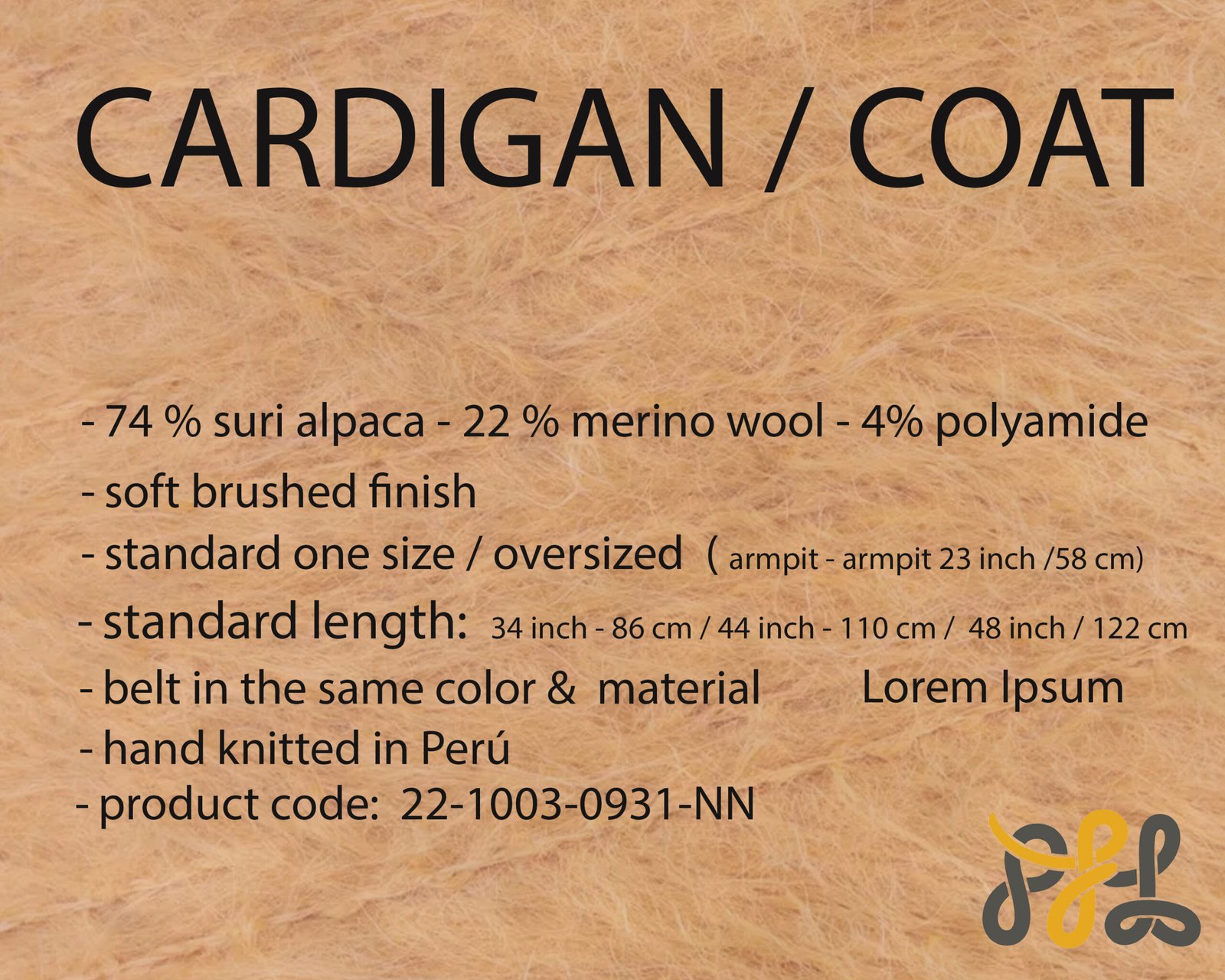 Cardigan Coat Suri Alpaca Oversized Shawl Collar Hand Knitted color Yellow. Made in Peru by PFL knitwear