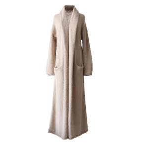 Cardigan Coat Suri Alpaca Oversized Shawl Collar Hand Knitted color beige. Made in Peru by PFL knitwear.