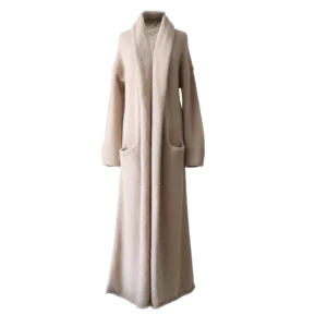 Cardigan Coat Suri Alpaca Oversized Shawl Collar Hand Knitted color beige. Made in Peru by PFL knitwear.