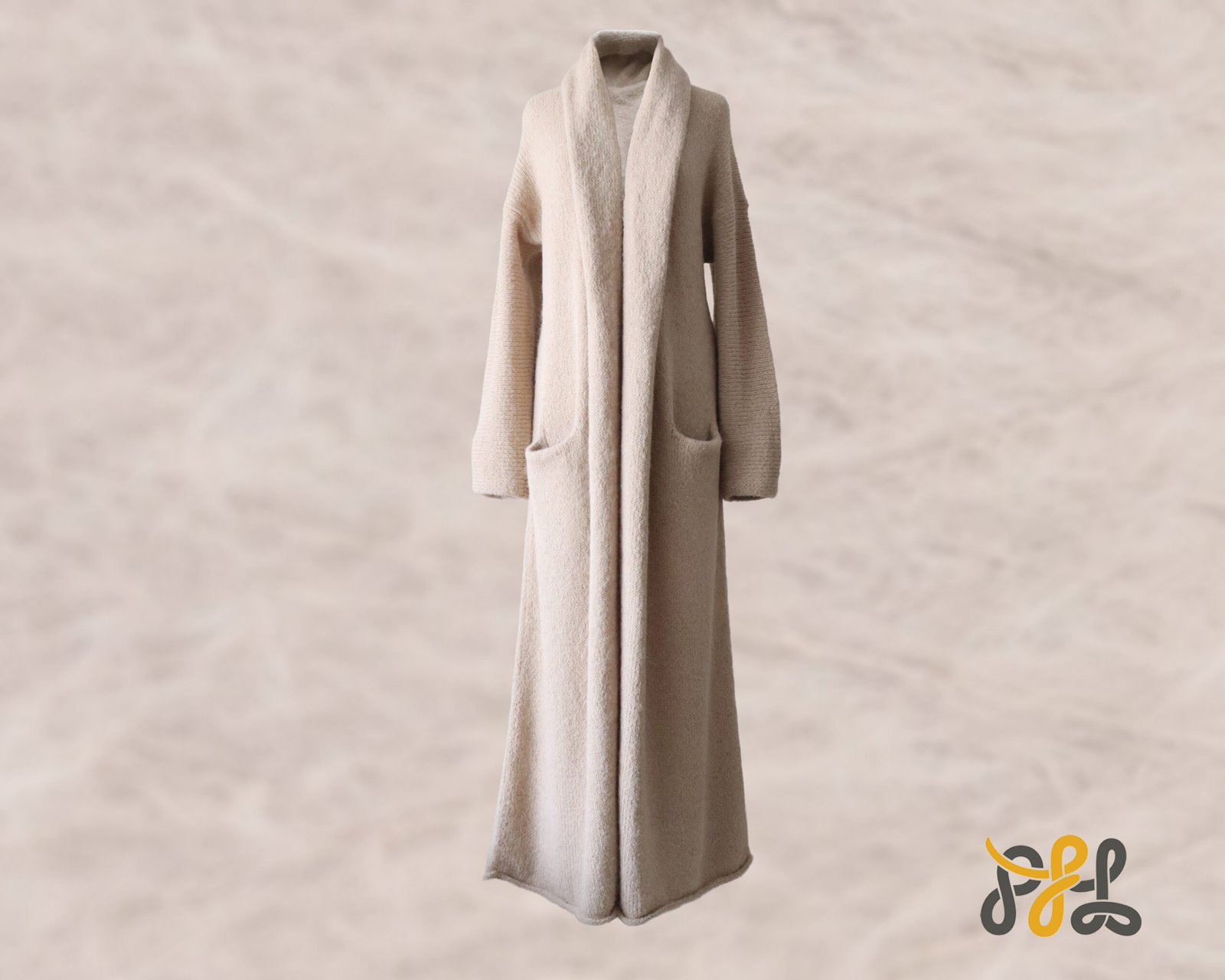 Cardigan Coat Suri Alpaca Oversized Shawl Collar Hand Knitted color beige. Made in Peru by PFL knitwear.