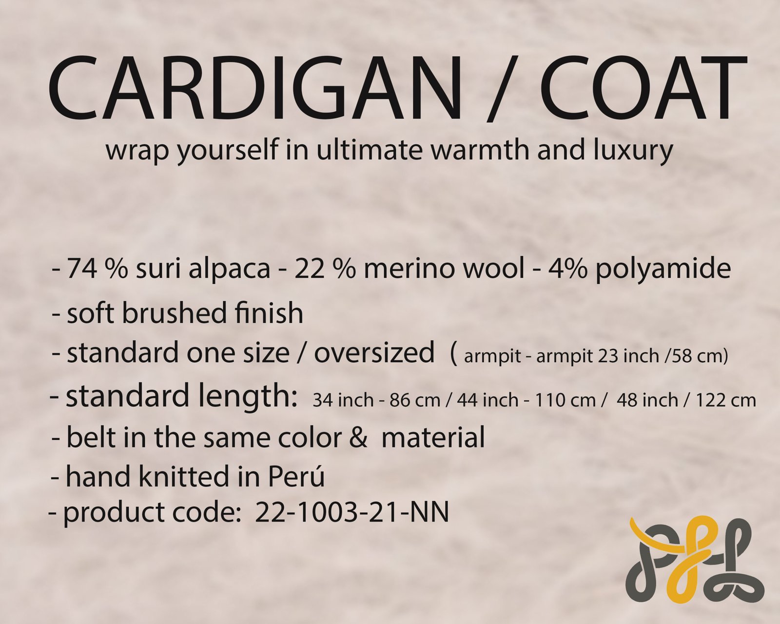 Cardigan Coat Suri Alpaca Oversized Shawl Collar Hand Knitted color beige. Made in Peru by PFL knitwear.