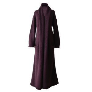 Cardigan Coat Suri Alpaca Oversized Shawl Collar Hand Knitted color Plum Made in Peru by PFL knitwear.