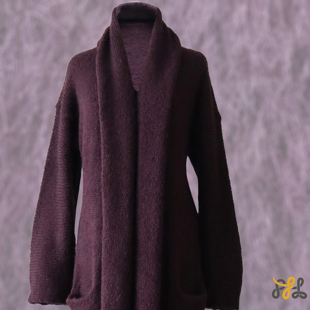 Cardigan Coat Suri Alpaca Oversized Shawl Collar Hand Knitted color Plum Made in Peru by PFL knitwear.