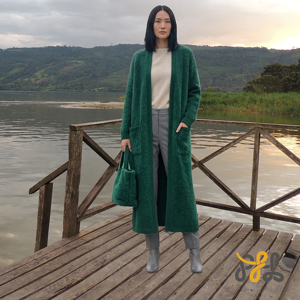 Cardigan Coat Suri Alpaca Oversized Shawl Collar Hand Knitted color Green. Made in Peru by PFL knitwear