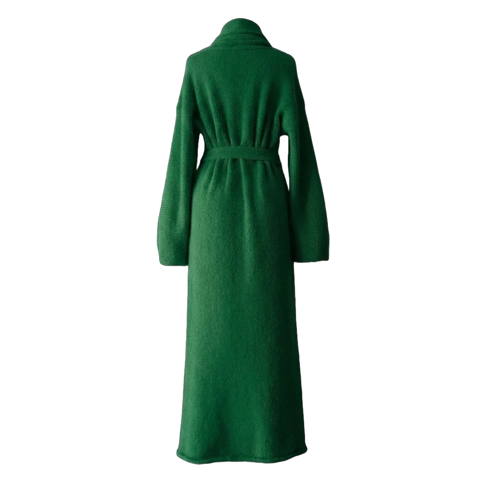 Cardigan Coat Suri Alpaca Oversized Shawl Collar Hand Knitted color Green. Made in Peru by PFL knitwear