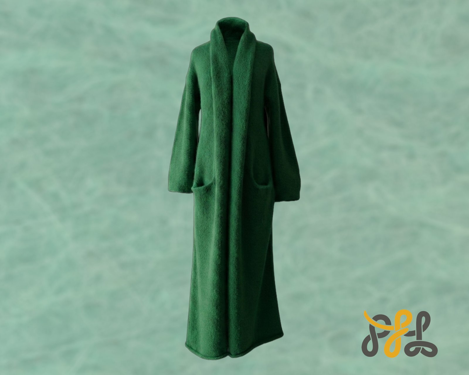 Cardigan Coat Suri Alpaca Oversized Shawl Collar Hand Knitted color Green. Made in Peru by PFL knitwear