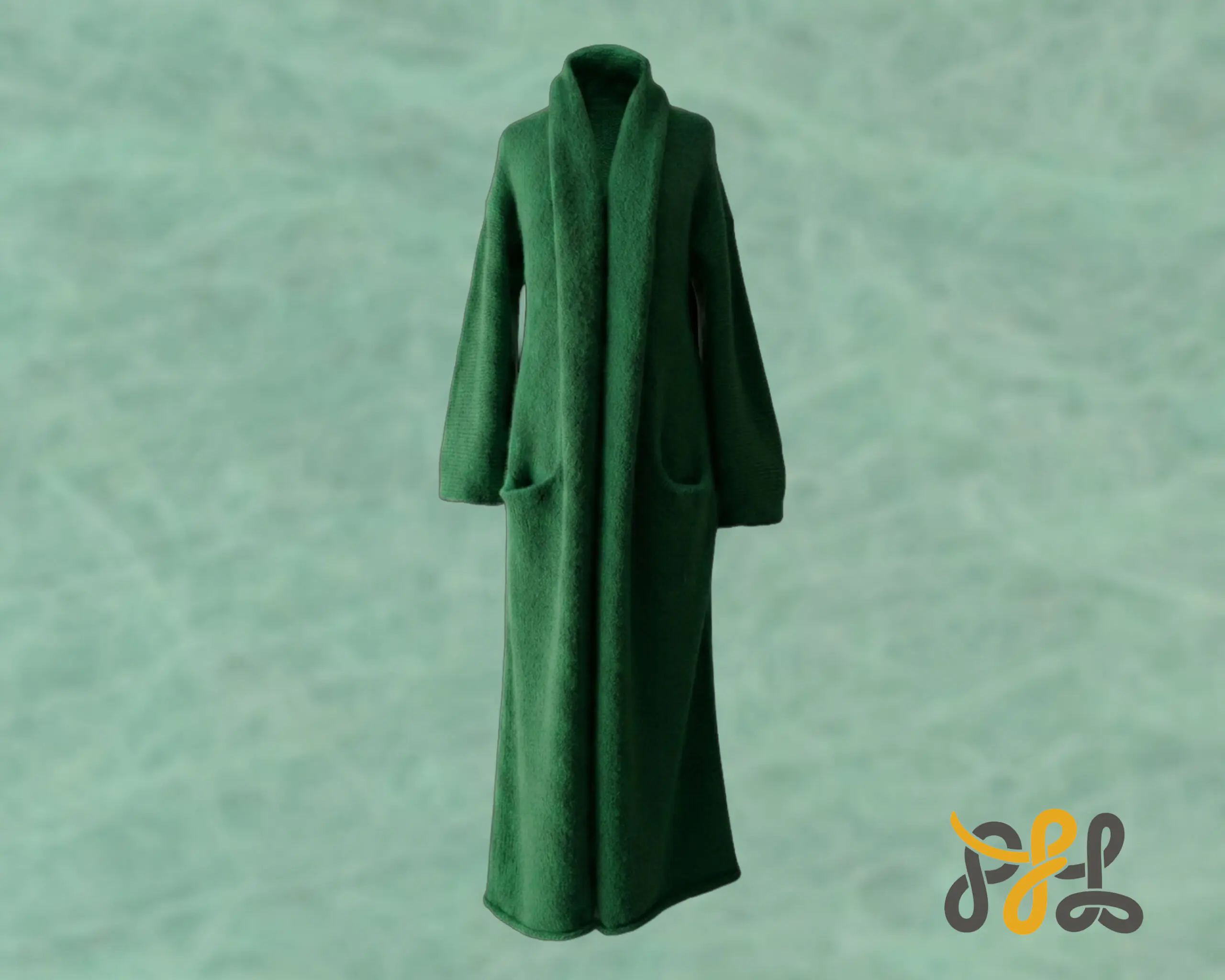Cardigan Coat Suri Alpaca Oversized Shawl Collar Hand Knitted color Green. Made in Peru by PFL knitwear Cardigan Coat Suri Alpaca Oversized Shawl Collar Hand Knitted color Green. Made in Peru by PFL knitwear