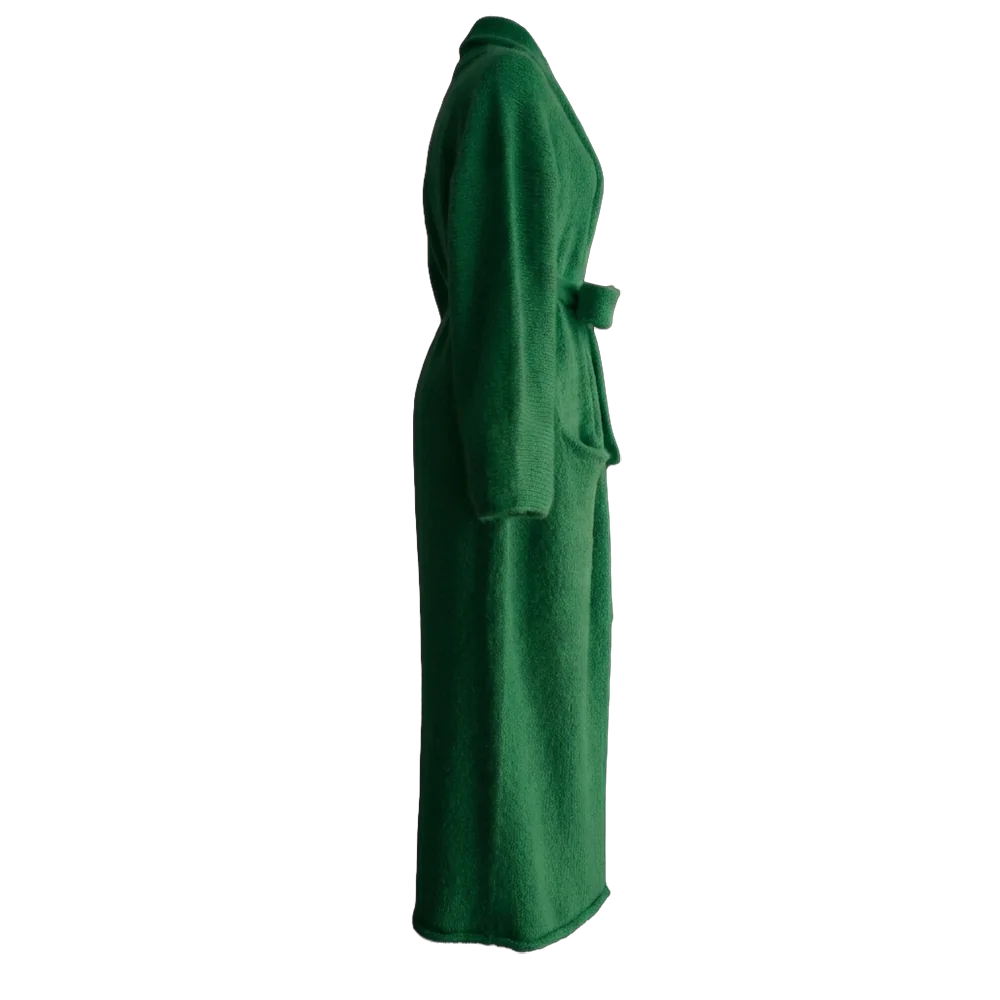 Cardigan Coat Suri Alpaca Oversized Shawl Collar Hand Knitted color Green. Made in Peru by PFL knitwear
