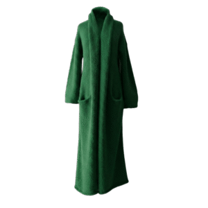 Cardigan Coat Suri Alpaca Oversized Shawl Collar Hand Knitted color Green. Made in Peru by PFL knitwear