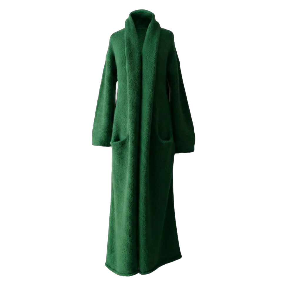 Cardigan Coat Suri Alpaca Oversized Shawl Collar Hand Knitted color Green. Made in Peru by PFL knitwear