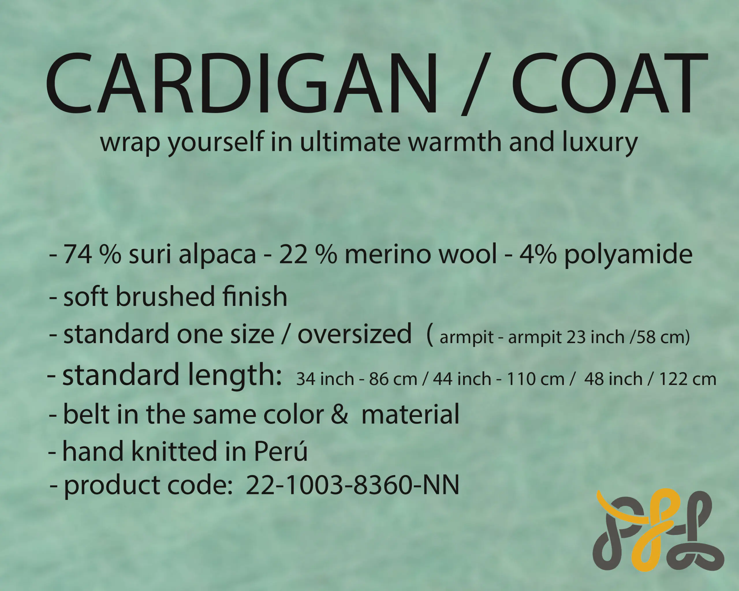 Cardigan Coat Suri Alpaca Oversized Shawl Collar Hand Knitted color Green. Made in Peru by PFL knitwear Cardigan Coat Suri Alpaca Oversized Shawl Collar Hand Knitted color Green. Made in Peru by PFL knitwear