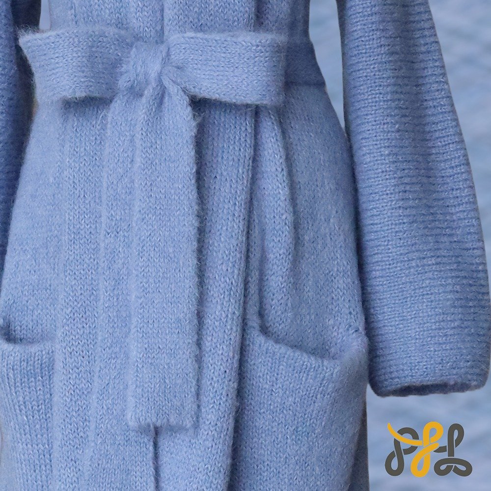 Cardigan Coat Suri Alpaca Oversized Shawl Collar Hand Knitted color sky blue. Made in Peru by PFL knitwear