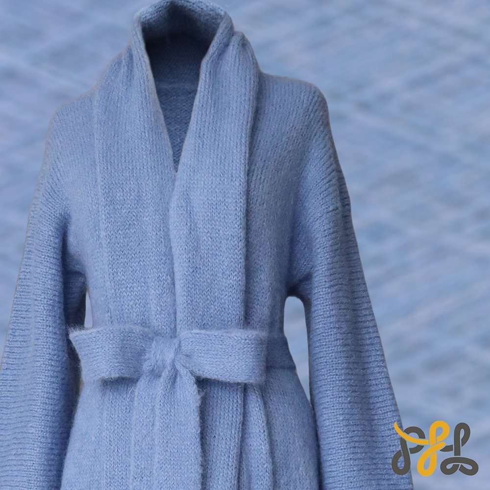 Cardigan Coat Suri Alpaca Oversized Shawl Collar Hand Knitted color sky blue. Made in Peru by PFL knitwear
