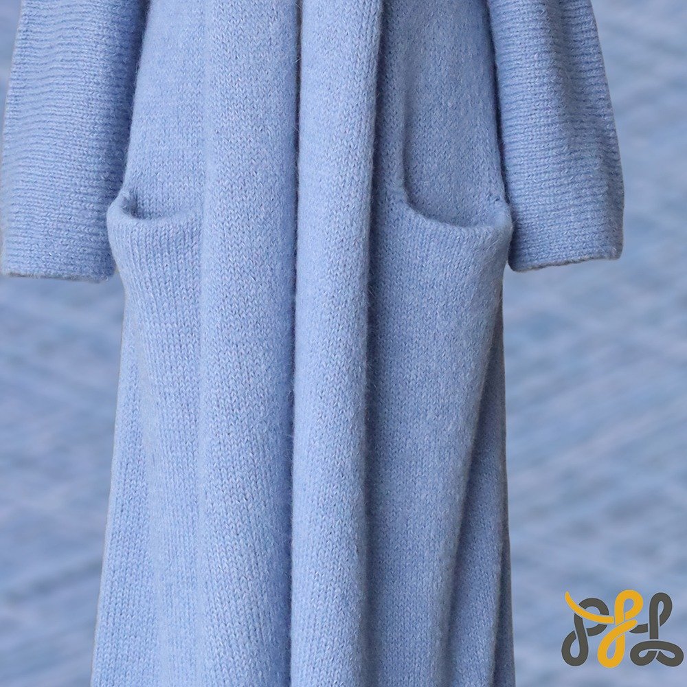 Cardigan Coat Suri Alpaca Oversized Shawl Collar Hand Knitted color sky blue. Made in Peru by PFL knitwear