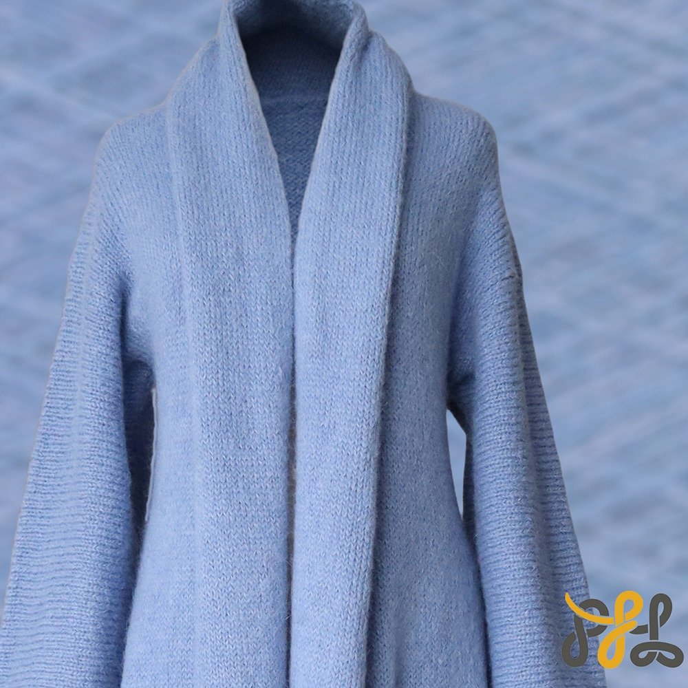Cardigan Coat Suri Alpaca Oversized Shawl Collar Hand Knitted color sky blue. Made in Peru by PFL knitwear