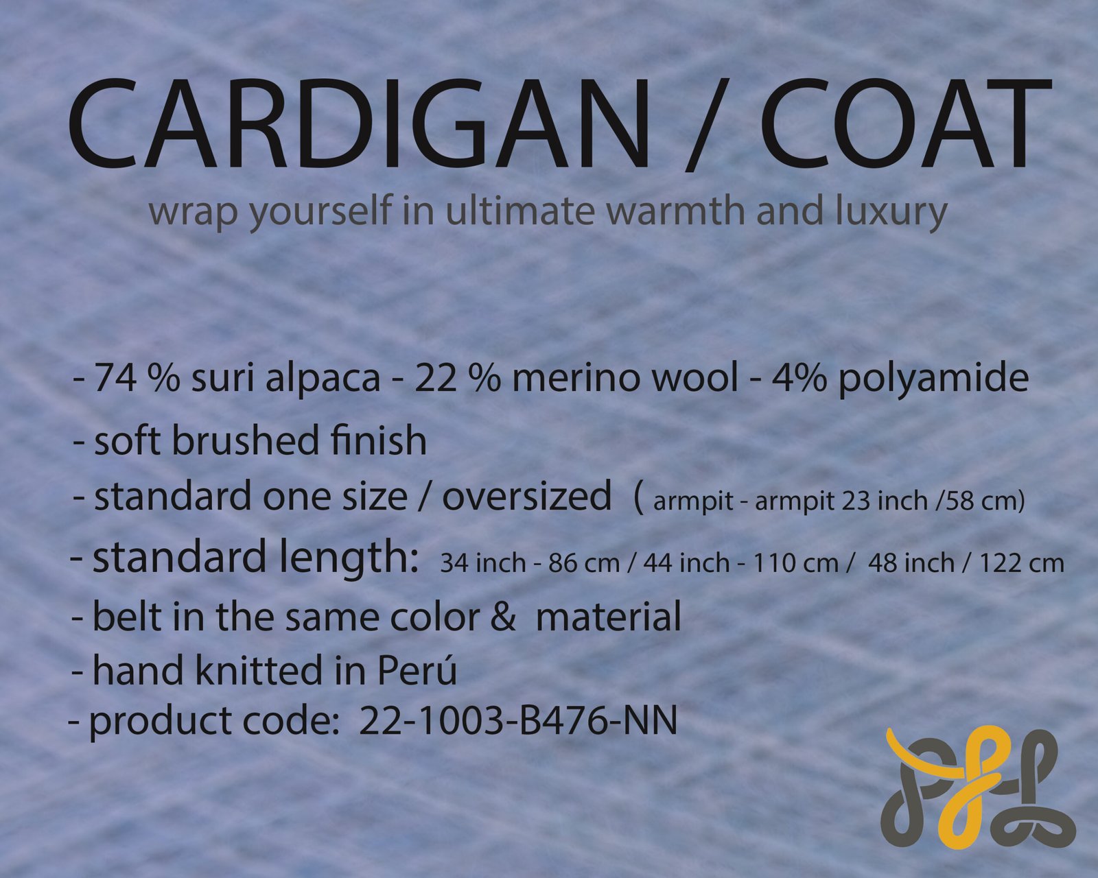 Cardigan Coat Suri Alpaca Oversized Shawl Collar Hand Knitted color sky blue. Made in Peru by PFL knitwear