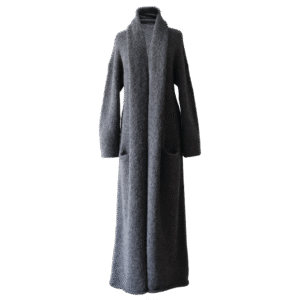 Cardigan Coat Suri Alpaca Oversized Shawl Collar Hand Knitted color Gray Made in Peru by PFL knitwear.