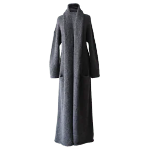 Cardigan Coat Suri Alpaca Oversized Shawl Collar Hand Knitted color Gray Made in Peru by PFL knitwear.