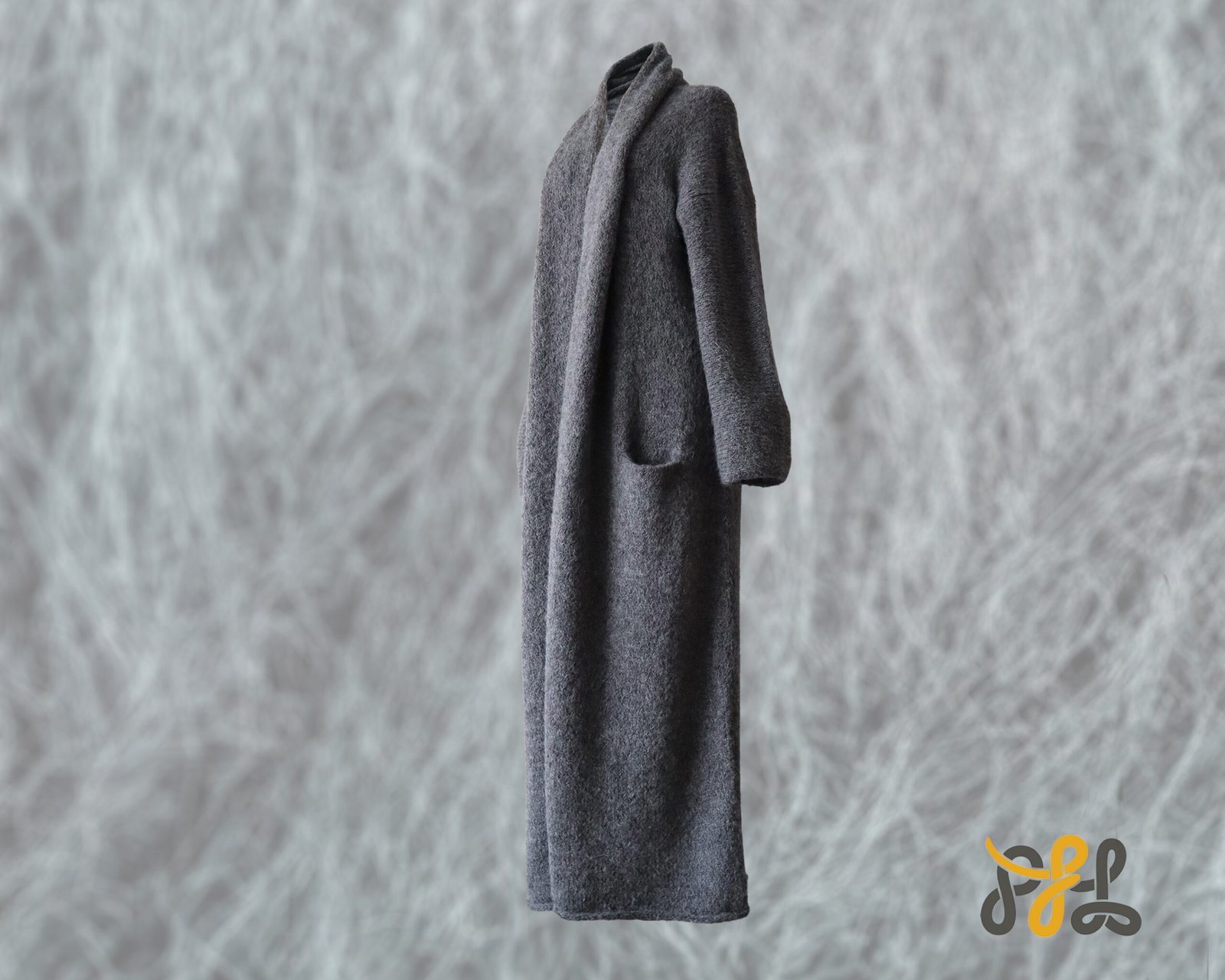 Cardigan Coat Suri Alpaca Oversized Shawl Collar Hand Knitted color Gray Made in Peru by PFL knitwear.